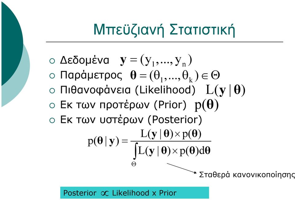 .., θk) Θ L( y θ) Εκ των υστέρων (Posterior) p( θ y) = Θ L( y θ)