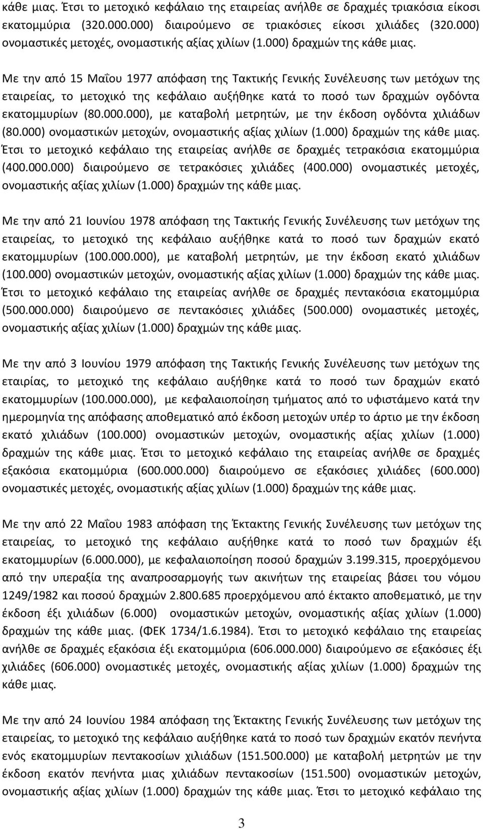 000) ονομαστικών μετοχών, Έτσι το μετοχικό κεφάλαιο της εταιρείας ανήλθε σε δραχμές τετρακόσια εκατομμύρια (400.000.000) διαιρούμενο σε τετρακόσιες χιλιάδες (400.