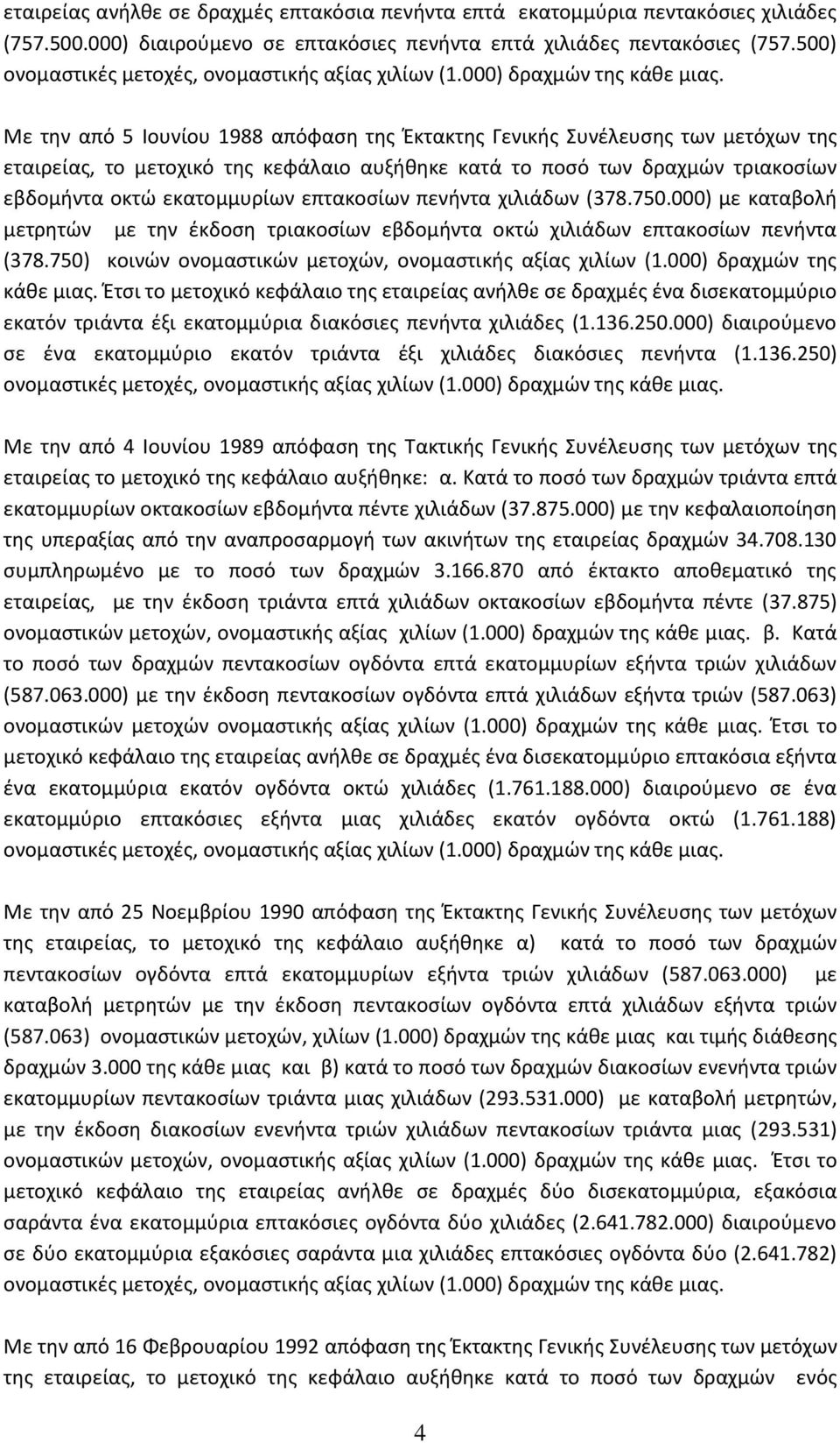 επτακοσίων πενήντα χιλιάδων (378.750.000) με καταβολή μετρητών με την έκδοση τριακοσίων εβδομήντα οκτώ χιλιάδων επτακοσίων πενήντα (378.750) κοινών ονομαστικών μετοχών, ονομαστικής αξίας χιλίων (1.