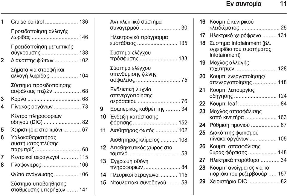 .. 67 6 Υαλοκαθαριστήρας συστήματος πλύσης παρμπρίζ... 68 7 Κεντρικοί αεραγωγοί... 115 8 Πλαφονιέρες... 106 Φώτα ανάγνωσης... 106 Σύστημα υποβοήθησης στάθμευσης υπερήχων.