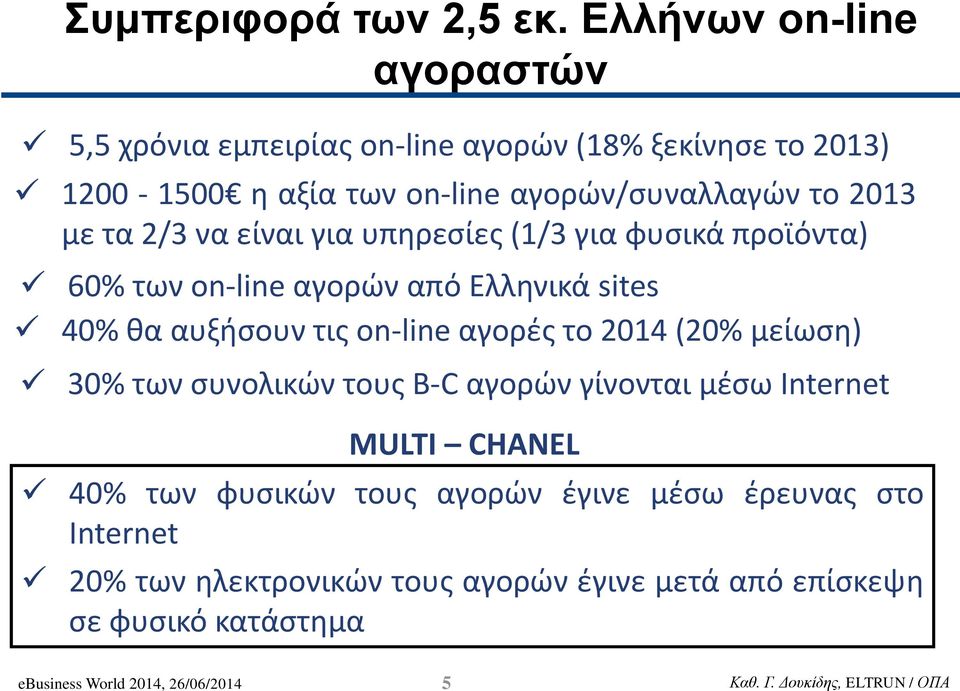 2013 με τα 2/3 να είναι για υπηρεσίες (1/3 για φυσικά προϊόντα) 60% των on-line αγορών από Ελληνικά sites 40% θα αυξήσουν τις on-line