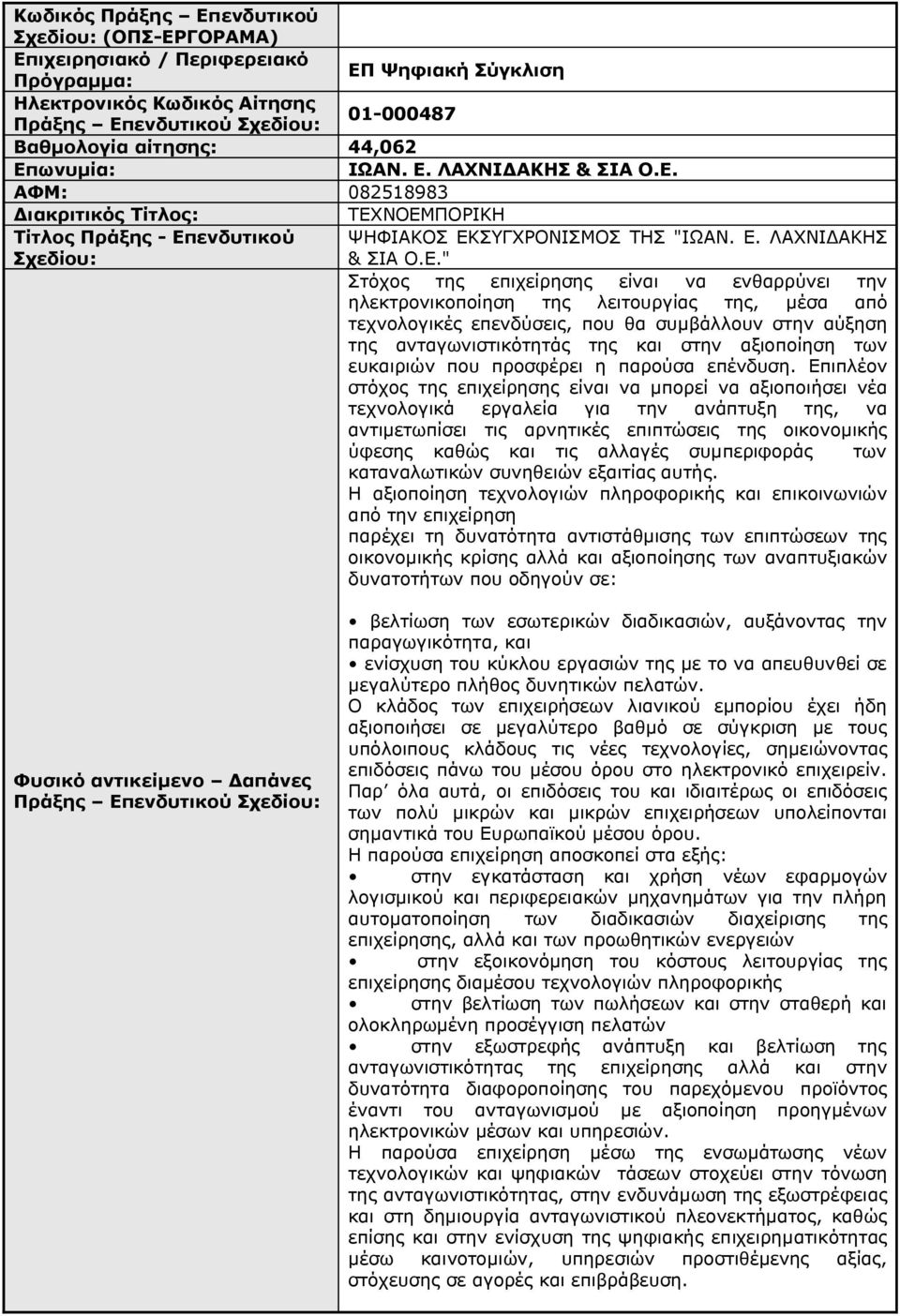 ΑΦΜ: 082518983 ΤΕΧΝΟΕΜΠΟΡΙΚΗ Τίτλος Πράξης - Επ