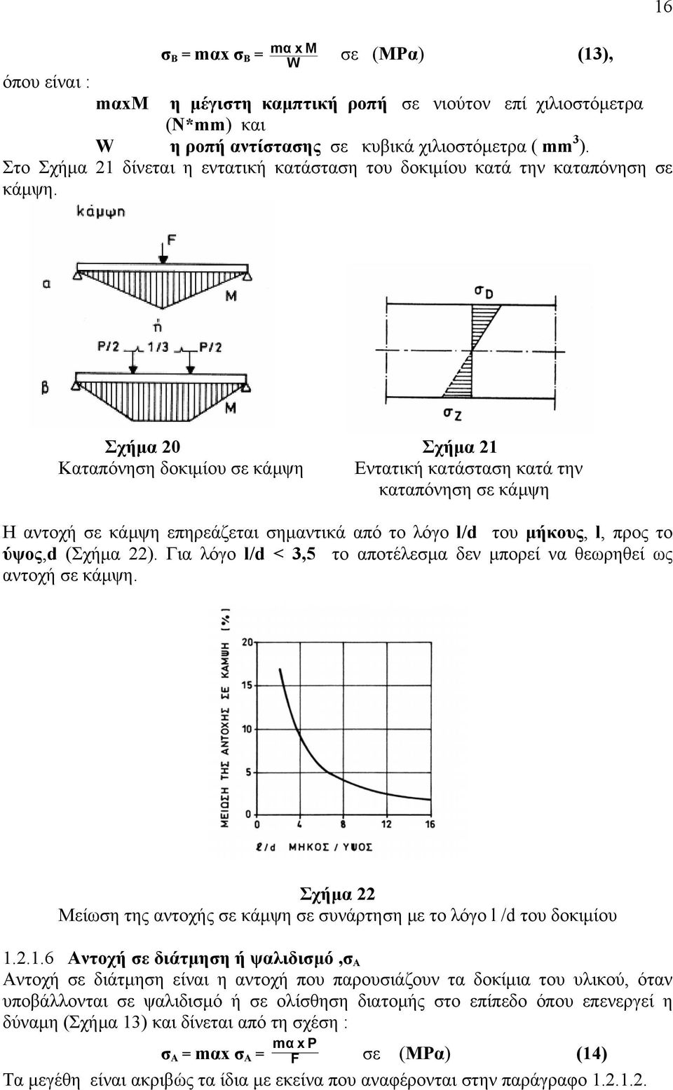16 Σχήμα 20 Σχήμα 21 Καταπόνηση δοκιμίου σε κάμψη Εντατική κατάσταση κατά την καταπόνηση σε κάμψη Η αντοχή σε κάμψη επηρεάζεται σημαντικά από το λόγο l/d του μήκους, l, προς το ύψος,d (Σχήμα 22).