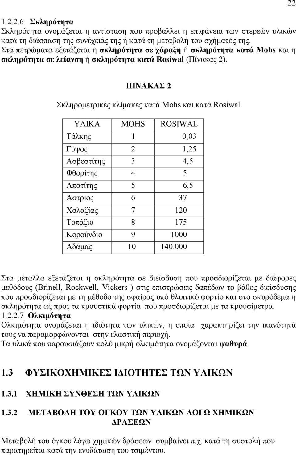 22 ΠΙΝΑΚΑΣ 2 Σκληρομετρικές κλίμακες κατά Μοhs και κατά Rosiwal YΛΙΚΑ ΜΟHS ROSIWAL Τάλκης 1 0,03 Γύψος 2 1,25 Ασβεστίτης 3 4,5 Φθορίτης 4 5 Απατίτης 5 6,5 Άστριος 6 37 Χαλαζίας 7 120 Τοπάζιο 8 175