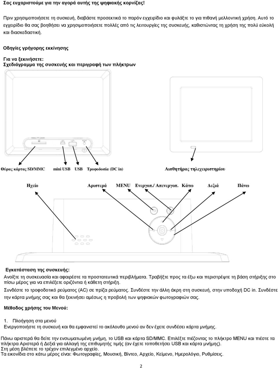 Οδηγίες γρήγορης εκκίνησης Για να ξεκινήσετε: Σχεδιάγραμμα της συσκευής και περιγραφή των πλήκτρων Θύρας κάρτας SD/MMC mini USB USB Τροφοδοσία (DC in) Αισθητήρας τηλεχειριστηρίου Ηχείο Αριστερά MENU