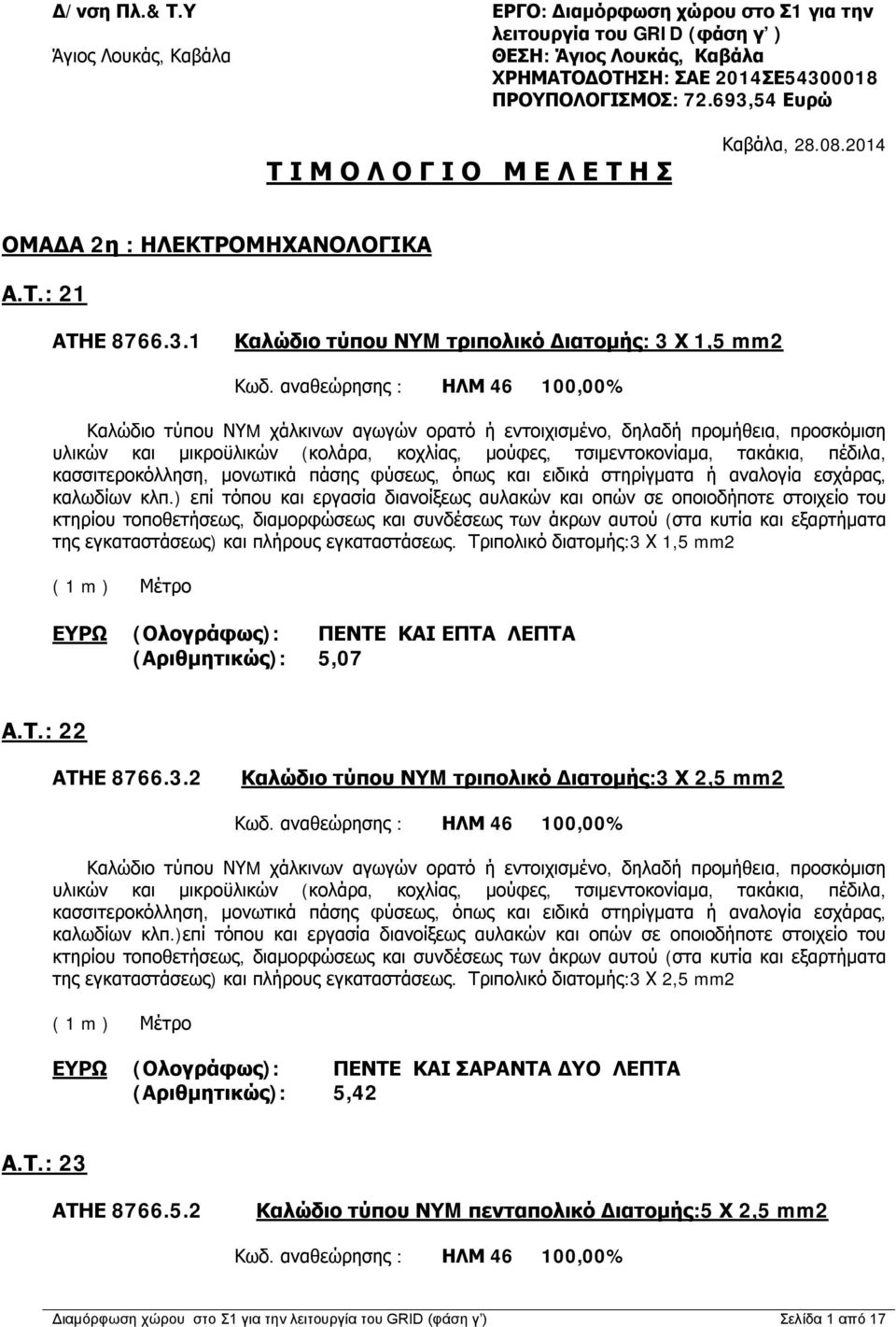 αναθεώρησης : ΗΛΜ 46 100,00% Καλώδιο τύπου ΝΥM χάλκινων αγωγών ορατό ή εντοιχισμένο, δηλαδή προμήθεια, προσκόμιση υλικών και μικροϋλικών (κολάρα, κοχλίας, μούφες, τσιμεντοκονίαμα, τακάκια, πέδιλα,