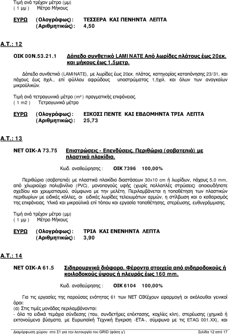 και όλων των αναγκαίων μικροϋλικών. Τιμή ανά τετραγωνικό μέτρο (m²) πραγματικής επιφάνειας. ΕΥΡΩ (Ολογράφως): ΕΙΚΟΣΙ ΠΕΝΤΕ ΚΑΙ ΕΒΔΟΜΗΝΤΑ ΤΡΙΑ ΛΕΠΤΑ (Αριθμητικώς): 25,73 Α.Τ.: 13 ΝΕΤ ΟΙΚ-Α 73.