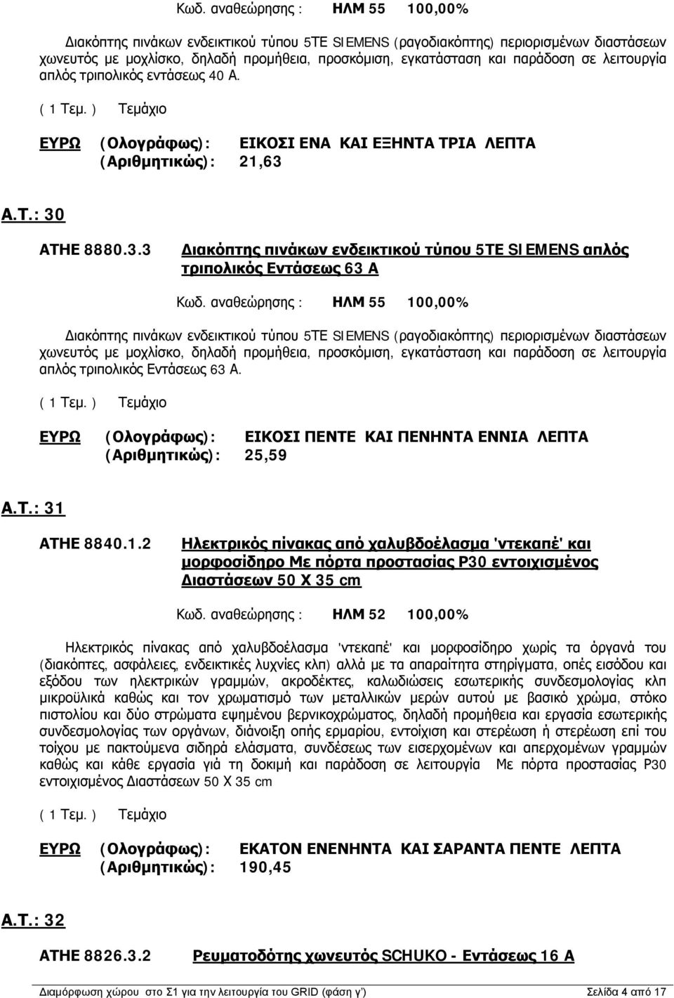 Α.Τ.: 30 ΑΤΗΕ 8880.3.3 Διακόπτης πινάκων ενδεικτικού τύπου 5ΤΕ SIEMENS απλός τριπολικός Εντάσεως 63 Α  σε λειτουργία απλός τριπολικός Εντάσεως 63 Α.