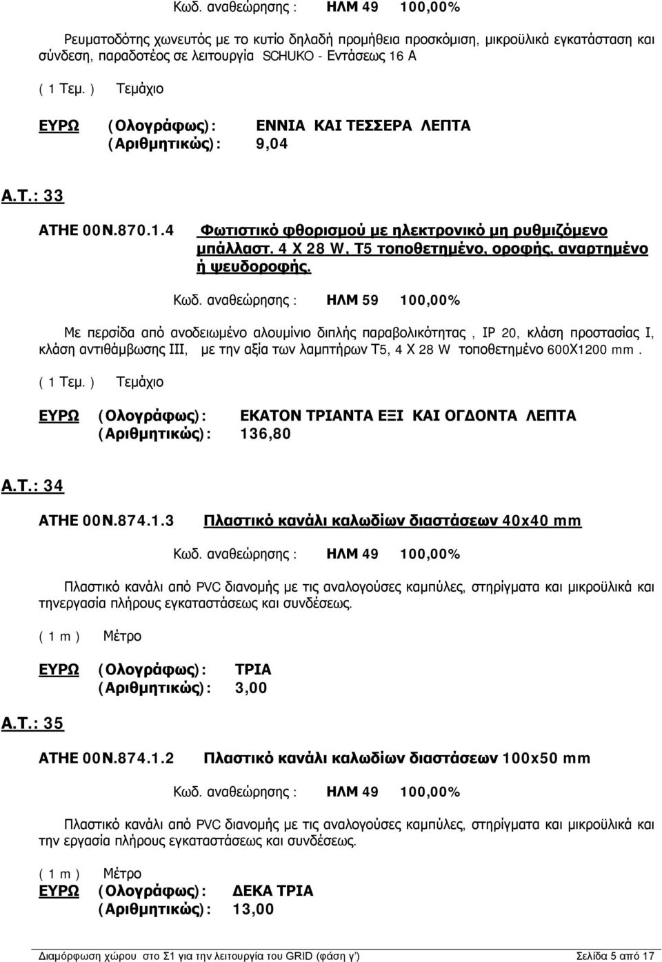 αναθεώρησης : ΗΛΜ 59 100,00% Με περσίδα από ανοδειωμένο αλουμίνιο διπλής παραβολικότητας, ΙΡ 20, κλάση προστασίας Ι, κλάση αντιθάμβωσης ΙΙΙ, με την αξία των λαμπτήρων Τ5, 4 Χ 28 W τοποθετημένο