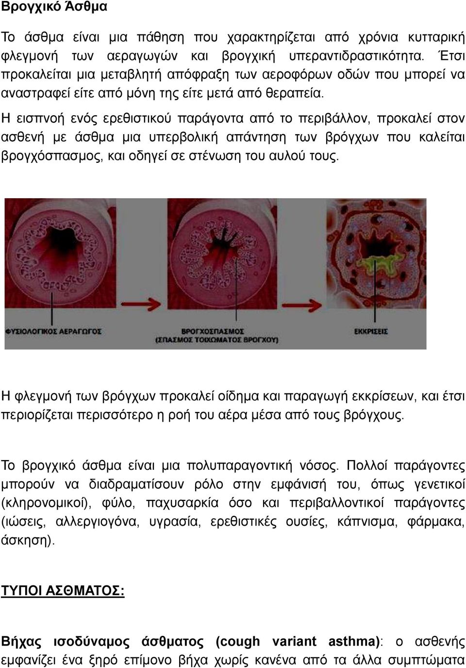 Η εισπνοή ενός ερεθιστικού παράγοντα από το περιβάλλον, προκαλεί στον ασθενή με άσθμα μια υπερβολική απάντηση των βρόγχων που καλείται βρογχόσπασμος, και οδηγεί σε στένωση του αυλού τους.