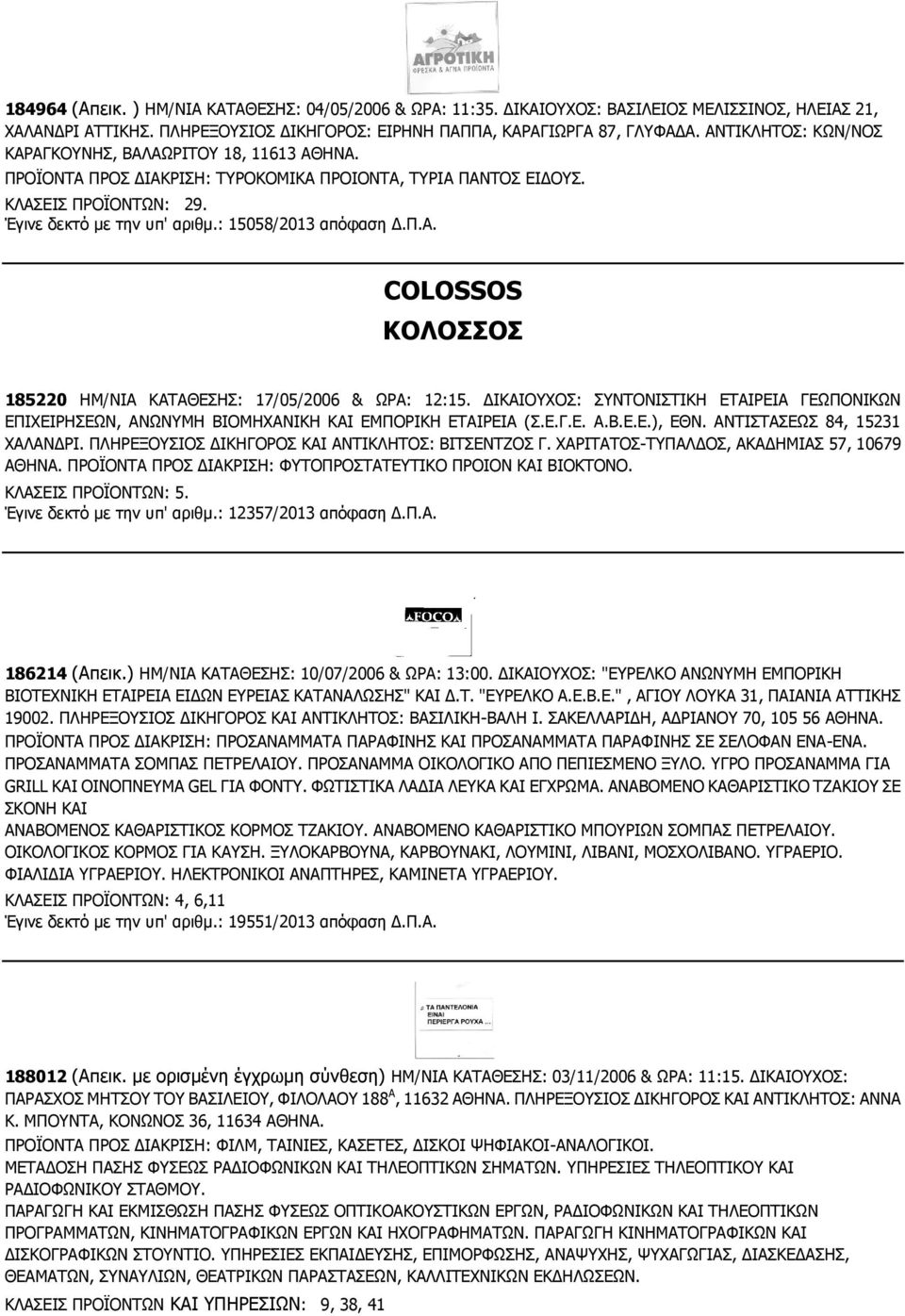 : 15058/2013 απόφαση Δ.Π.Α. COLOSSOS ΚΟΛΟΣΣΟΣ 185220 ΗΜ/ΝΙΑ ΚΑΤΑΘΕΣΗΣ: 17/05/2006 & ΩΡΑ: 12:15. ΔΙΚΑΙΟΥΧΟΣ: ΣΥΝΤΟΝΙΣΤΙΚΗ ΕΤΑΙΡΕΙΑ ΓΕΩΠΟΝΙΚΩΝ ΕΠΙΧΕΙΡΗΣΕΩΝ, ΑΝΩΝΥΜΗ ΒΙΟΜΗΧΑΝΙΚΗ ΚΑΙ ΕΜΠΟΡΙΚΗ ΕΤΑΙΡΕΙΑ (Σ.