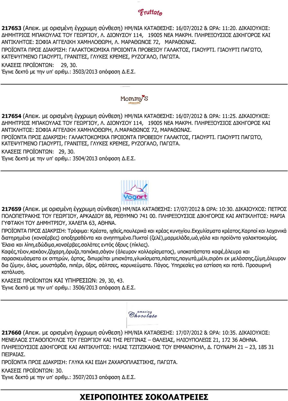 ΓΙΑΟΥΡΤΙ ΠΑΓΩΤΟ, ΚΑΤΕΨΥΓΜΕΝΟ ΓΙΑΟΥΡΤΙ, ΓΡΑΝΙΤΕΣ, ΓΛΥΚΕΣ ΚΡΕΜΕΣ, ΡΥΖΟΓΑΛΟ, ΠΑΓΩΤΑ. ΚΛΑΣΕΙΣ ΠΡΟΪΟΝΤΩΝ: 29, 30. Έγινε δεκτό με την υπ' αριθμ.: 3503/2013 απόφαση Δ.Ε.Σ. 217654 (Απεικ.