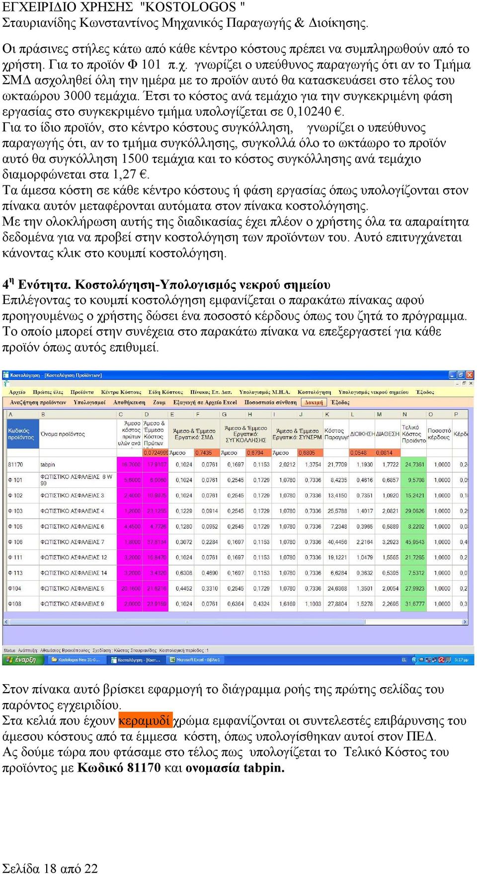 Έτσι το κόστος ανά τεµάχιο για την συγκεκριµένη φάση εργασίας στο συγκεκριµένο τµήµα υπολογίζεται σε 0,10240.