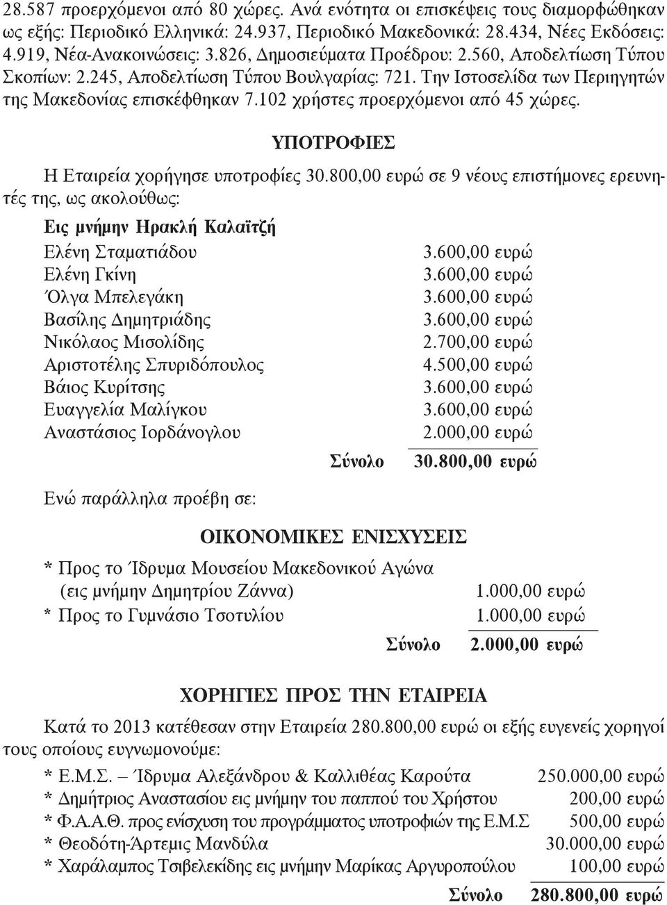 102 χρήστες προερχόμενοι από 45 χώρες. ΥΠΟΤΡΟΦΙΕΣ Η Εταιρεία χορήγησε υποτροφίες 30.800,00 ευρώ σε 9 νέους επιστήμονες ερευνητές της, ως ακολούθως: Εις μνήμην Ηρακλή Καλαϊτζή Ελένη Σταματιάδου 3.