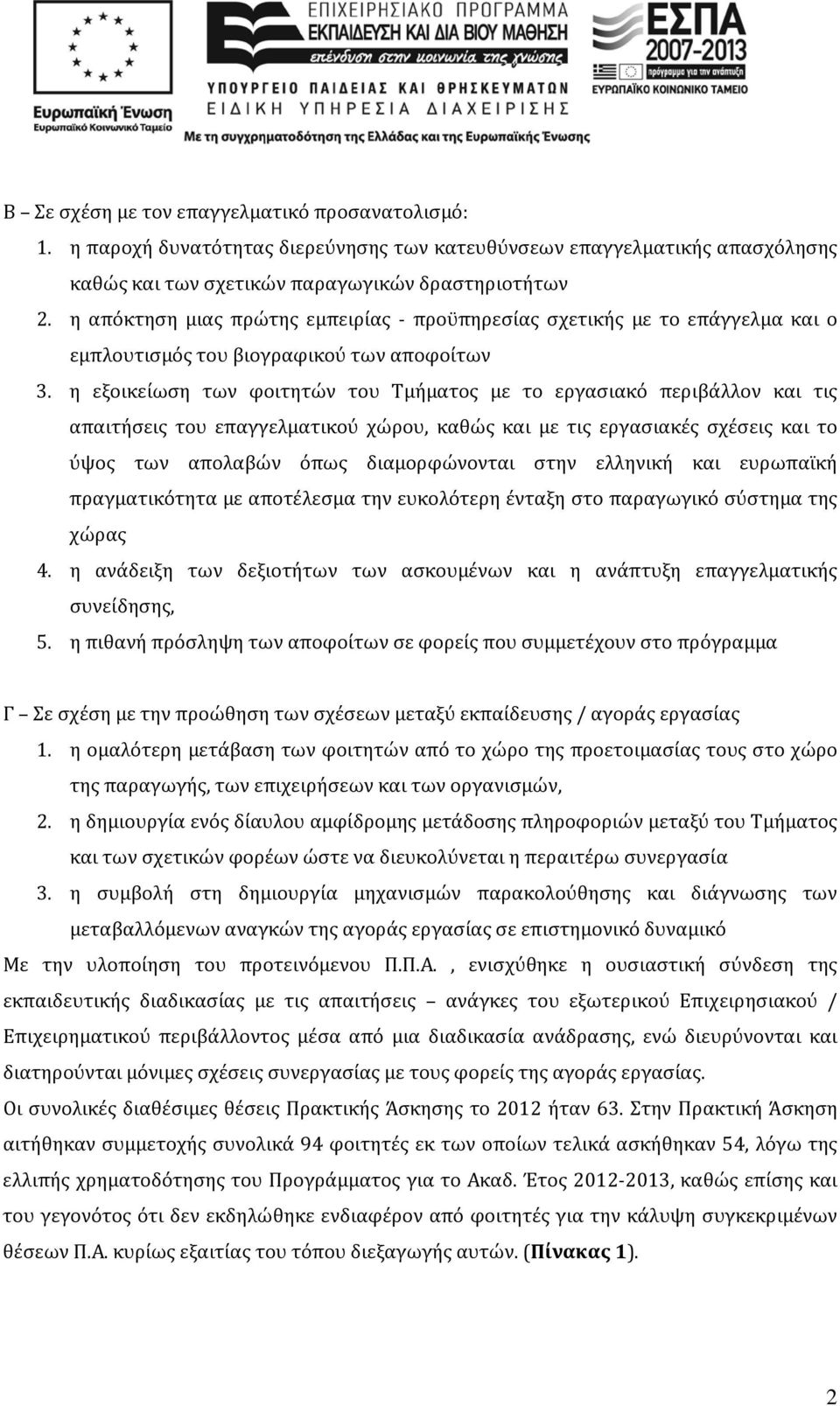 η εξοικείωση των φοιτητών του Τμήματος με το εργασιακό περιβάλλον και τις απαιτήσεις του επαγγελματικού χώρου, καθώς και με τις εργασιακές σχέσεις και το ύψος των απολαβών όπως διαμορφώνονται στην