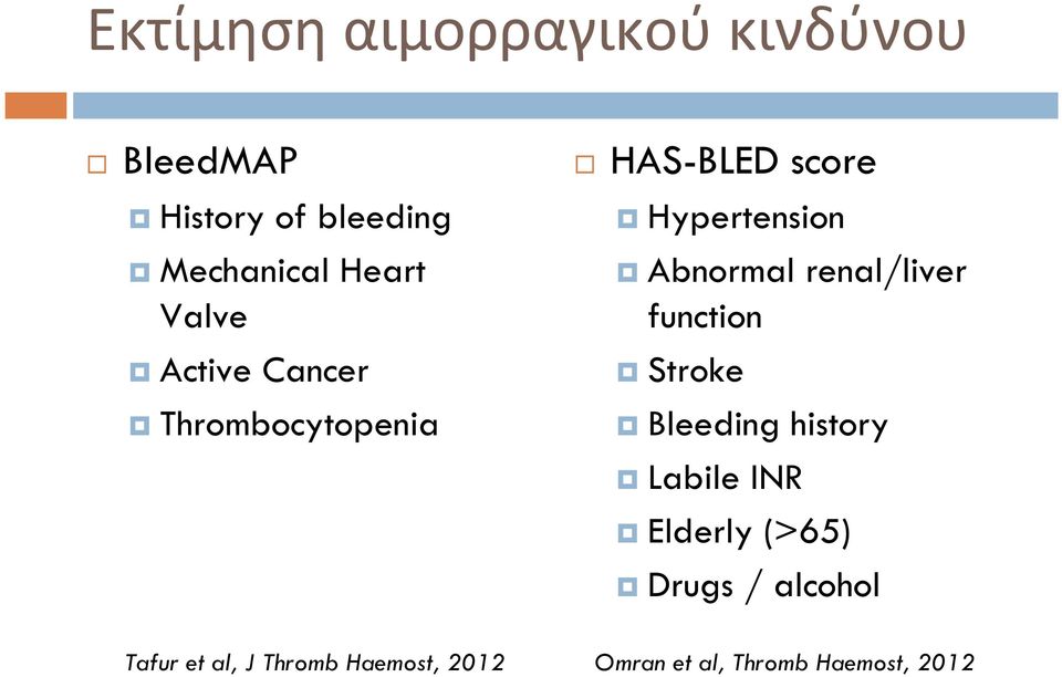 renal/liver function Stroke Bleeding history Labile INR Elderly (>65) Drugs