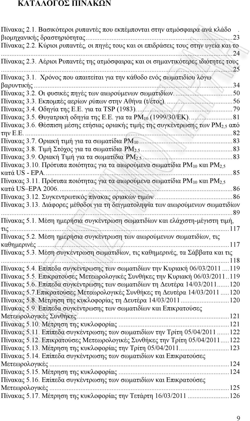 ...50 Πίνακας 3.3. Εκπομπές αερίων ρύπων στην Αθήνα (t/έτος)....56 Πίνακας 3.4. Οδηγία της Ε.Ε. για τα TSP (1983)...79 Πίνακας 3.5. Θυγατρική οδηγία της Ε.Ε. για τα PM 10 (1999/30/ΕΚ)....81 Πίνακας 3.