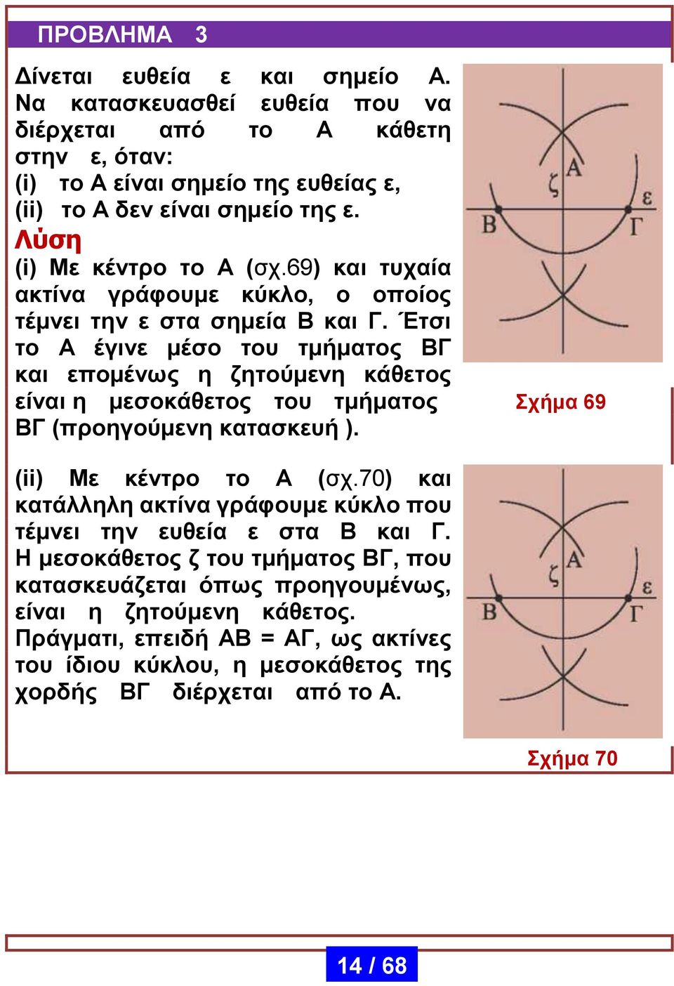 Έτσι το Α έγινε μέσο του τμήματος ΒΓ και επομένως η ζητούμενη κάθετος είναι η μεσοκάθετος του τμήματος Σχήμα 69 ΒΓ (προηγούμενη κατασκευή ). (ii) Με κέντρο το Α (σχ.