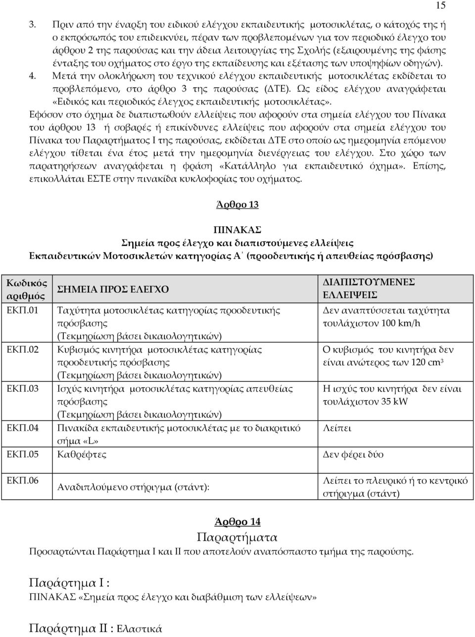 Μετά την ολοκλήρωση του τεχνικού ελέγχου εκπαιδευτικής μοτοσικλέτας εκδίδεται το προβλεπόμενο, στο άρθρο 3 της παρούσας (ΔΤΕ).