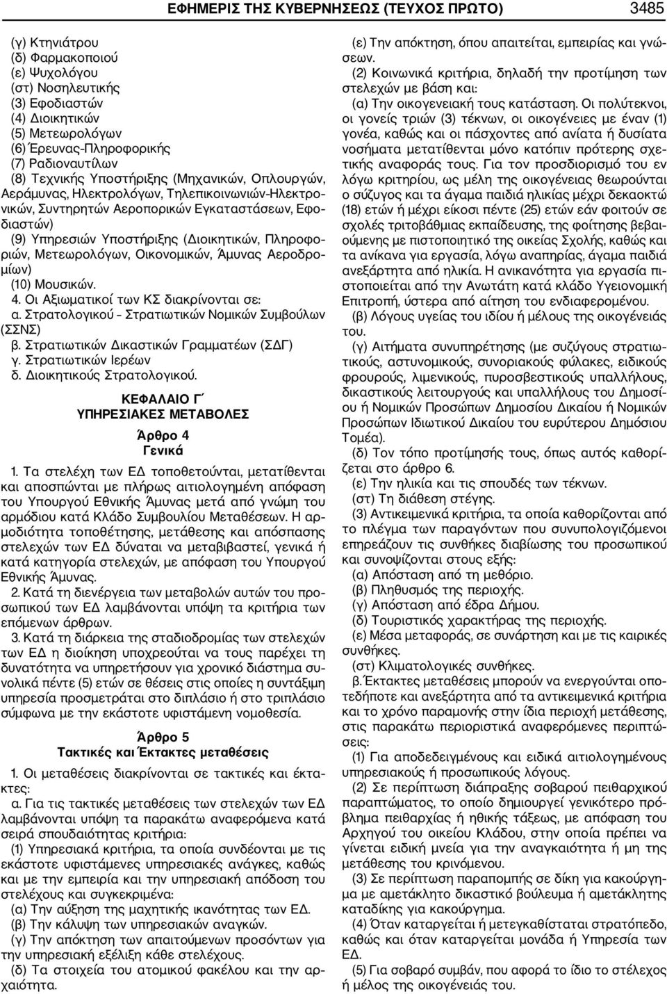 Πληροφο ριών, Μετεωρολόγων, Οικονομικών, Άμυνας Αεροδρο μίων) (10) Μουσικών. 4. Οι Αξιωματικοί των ΚΣ διακρίνονται σε: α. Στρατολογικού Στρατιωτικών Νομικών Συμβούλων (ΣΣΝΣ) β.