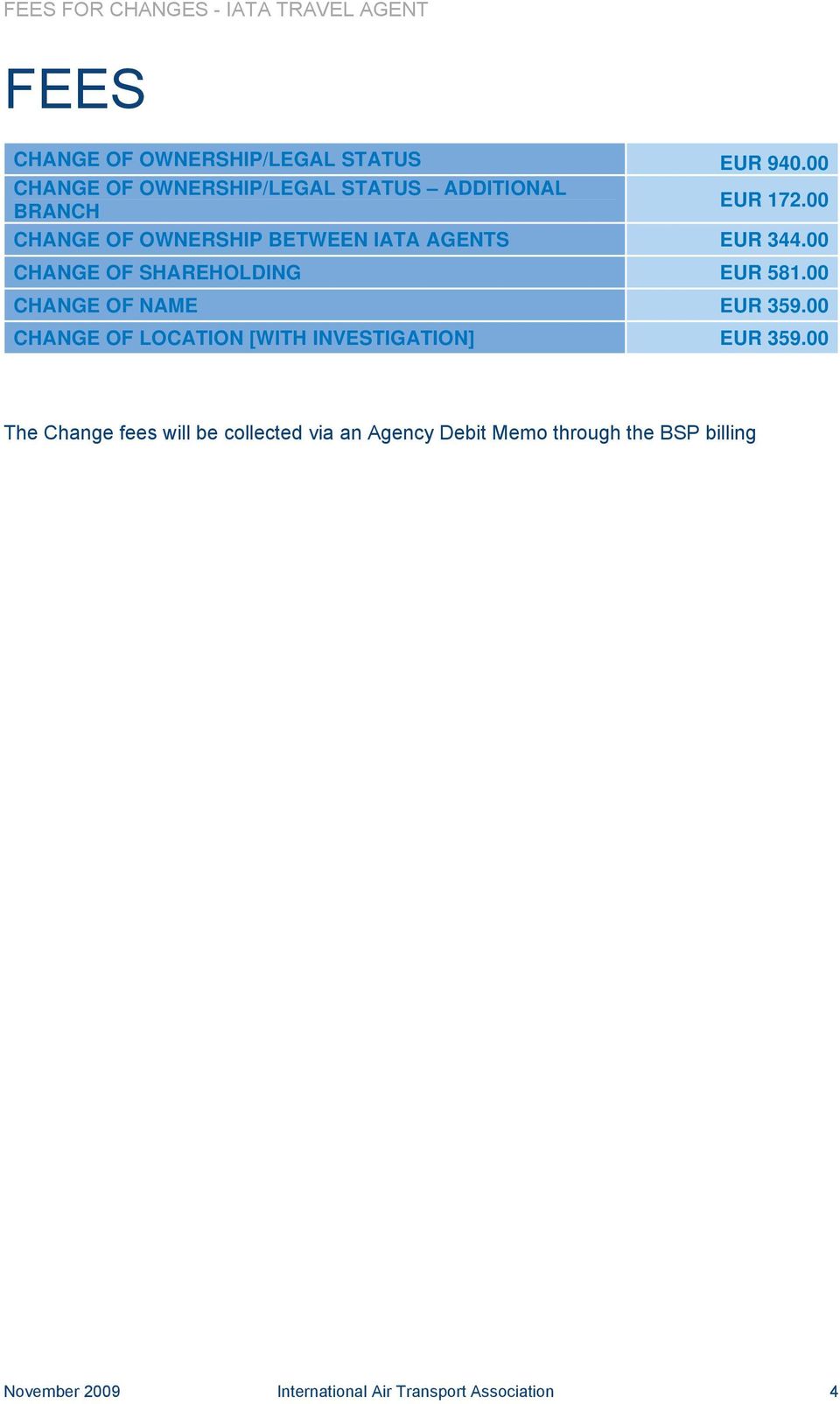 00 CHANGE OF OWNERSHIP BETWEEN IATA AGENTS EUR 344.00 CHANGE OF SHAREHOLDING EUR 581.00 CHANGE OF NAME EUR 359.