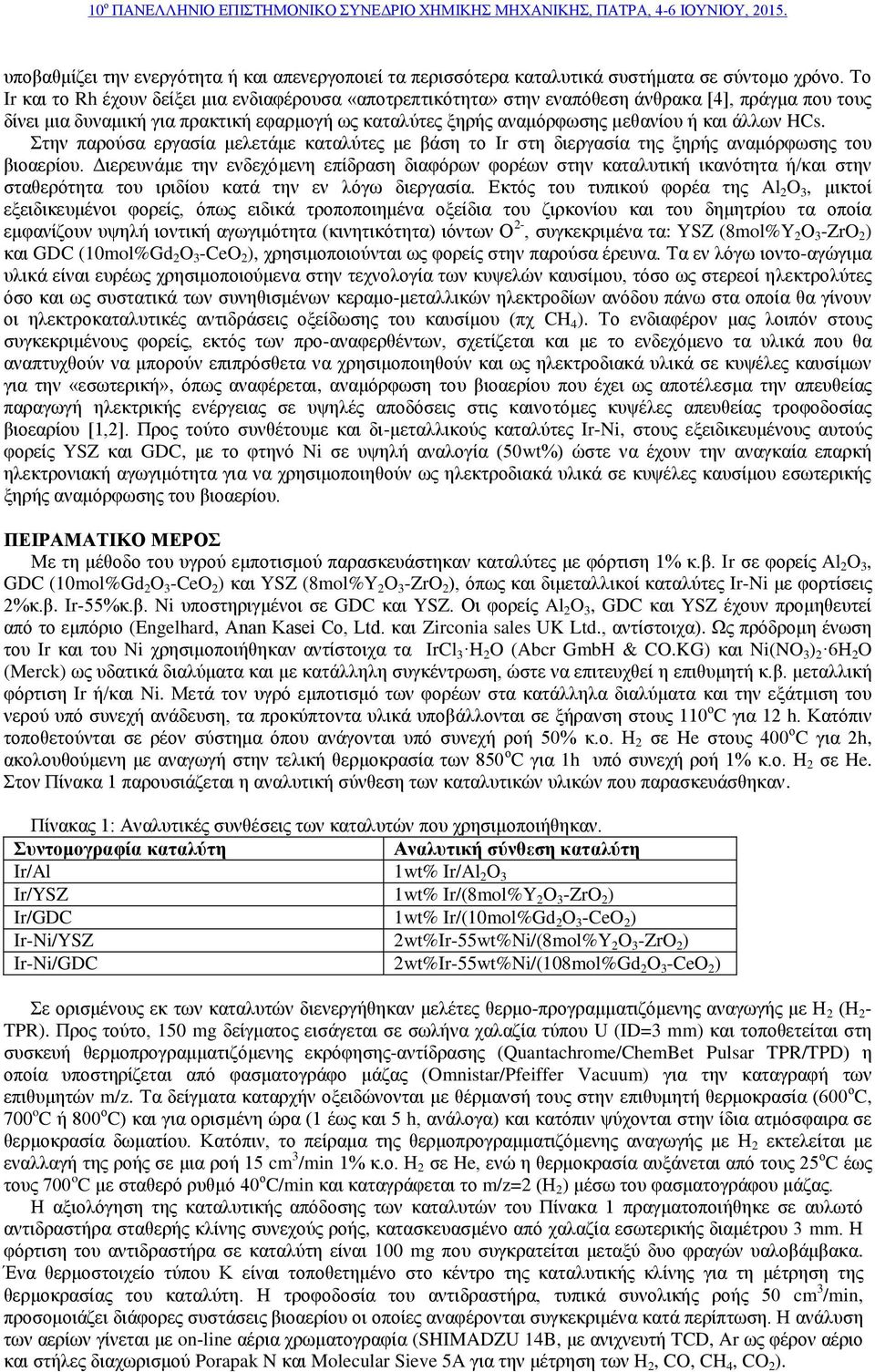άλλων HCs. Στην παρούσα εργασία μελετάμε καταλύτες με βάση το Ir στη διεργασία της ξηρής αναμόρφωσης του βιοαερίου.