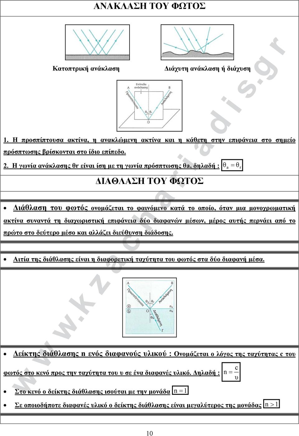 επιφάνεια δύο διαφανών μέσων, μέρος ατής περνάει από το πρώτο στο δεύτερο μέσο και αάζει διεύθνση διάδοσης. Αιτία της διάθασης είναι η διαφορετική ταχύτητα το φωτός στα δύο διαφανή μέσα.