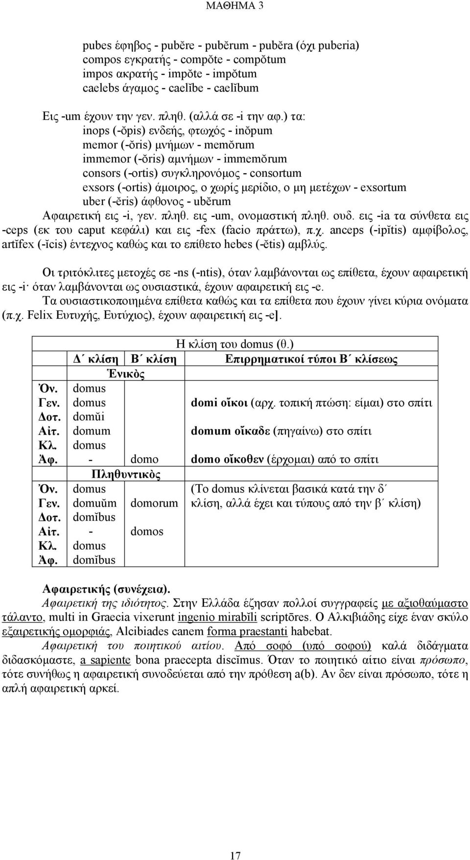 ) τα: inops (-ŏpis) ενδεής, φτωχός - inŏpum memor (-ŏris) µνήµων - memŏrum immemor (-ŏris) αµνήµων - immemŏrum consors (-ortis) συγκληρονόµος - consortum exsors (-ortis) άµοιρος, ο χωρίς µερίδιο, ο
