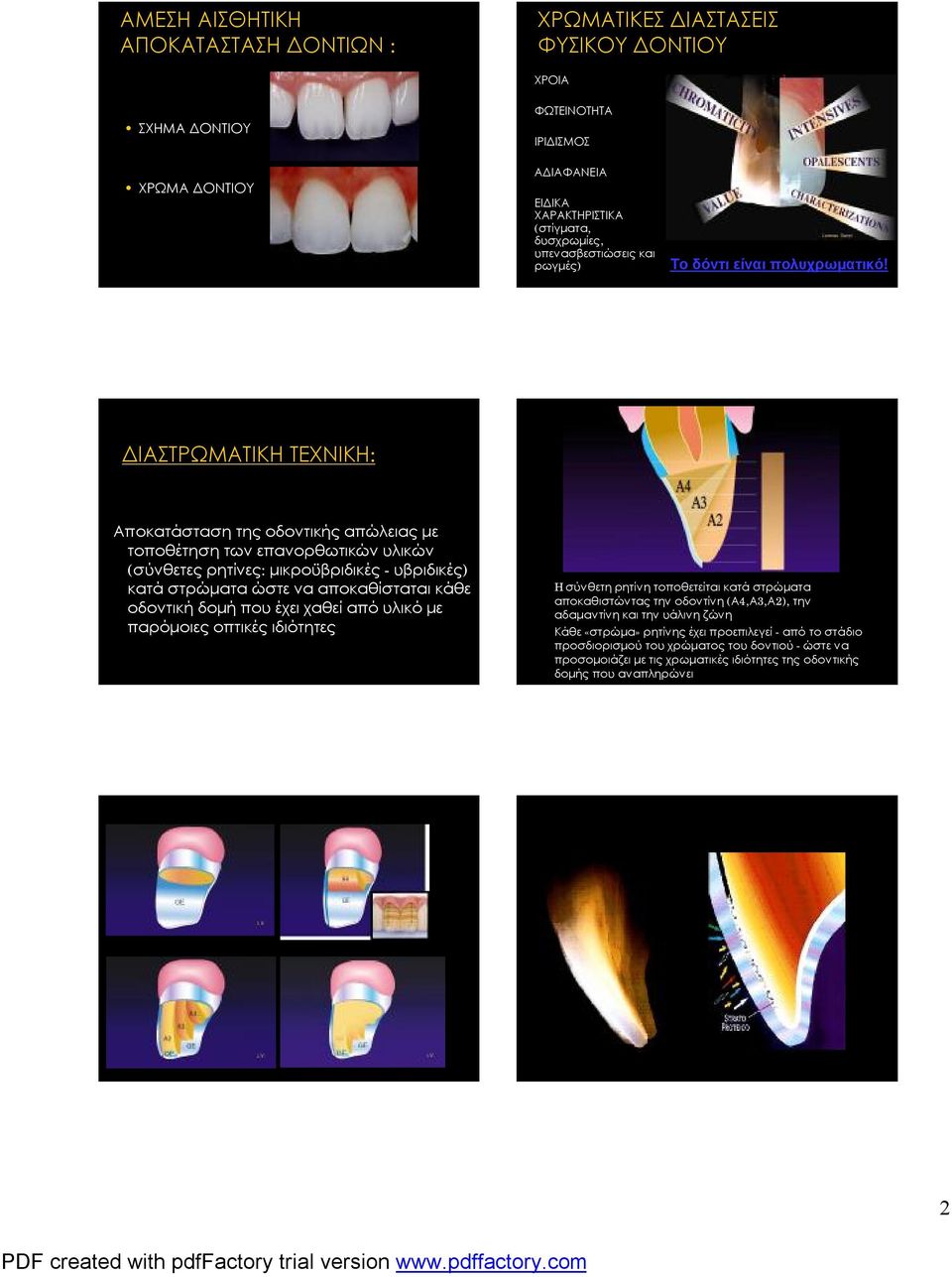 ΔΙΑΣΤΡΩΜΑΤΙΚΗ ΤΕΧΝΙΚΗ: Αποκατάσταση της οδοντικής απώλειας με τοποθέτηση των επανορθωτικών υλικών (σύνθετες ρητίνες: μικροϋβριδικές - υβριδικές) κατά στρώματα ώστε να αποκαθίσταται κάθε οδοντική δομή