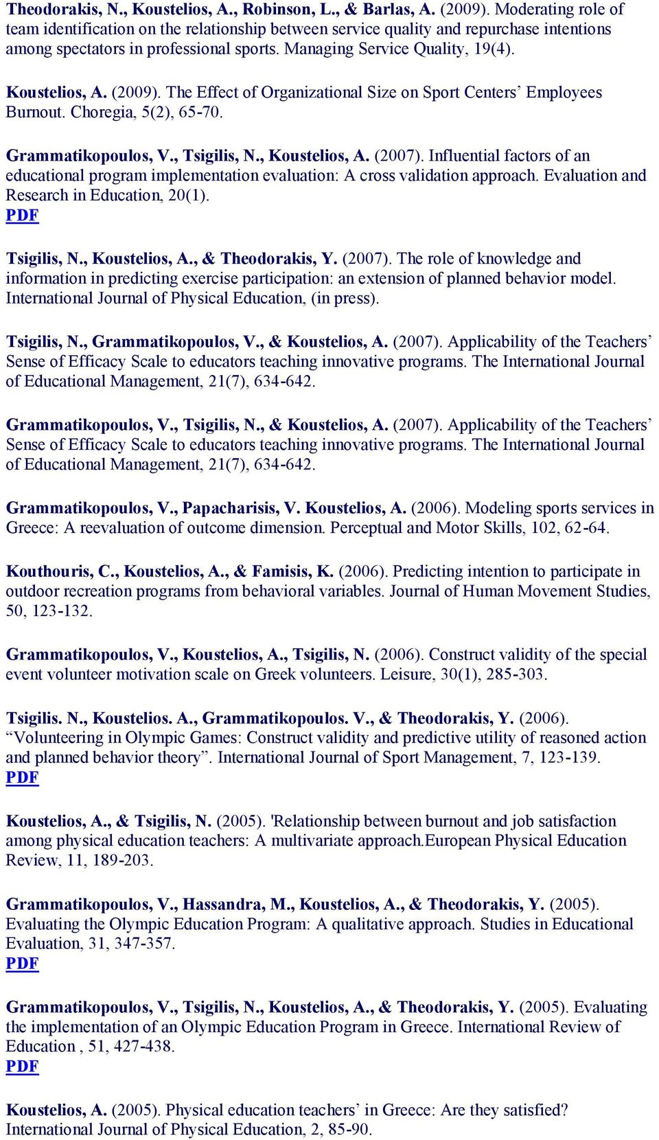 (2009). The Effect of Organizational Size on Sport Centers Employees Burnout. Choregia, 5(2), 65-70. Grammatikopoulos, V., Tsigilis, N., Koustelios, A. (2007).