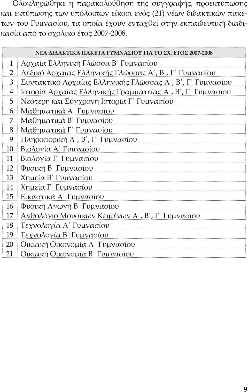 ΕΤΟΣ 2007 2008 1 Αρχαία Ελληνική Γλώσσα Β Γυμνασίου 2 Λεξικό Αρχαίας Ελληνικής Γλώσσας Α, Β, Γ Γυμνασίου 3 Συντακτικό Αρχαίας Ελληνικής Γλώσσας Α, Β, Γ Γυμνασίου 4 Ιστορία Αρχαίας Ελληνικής