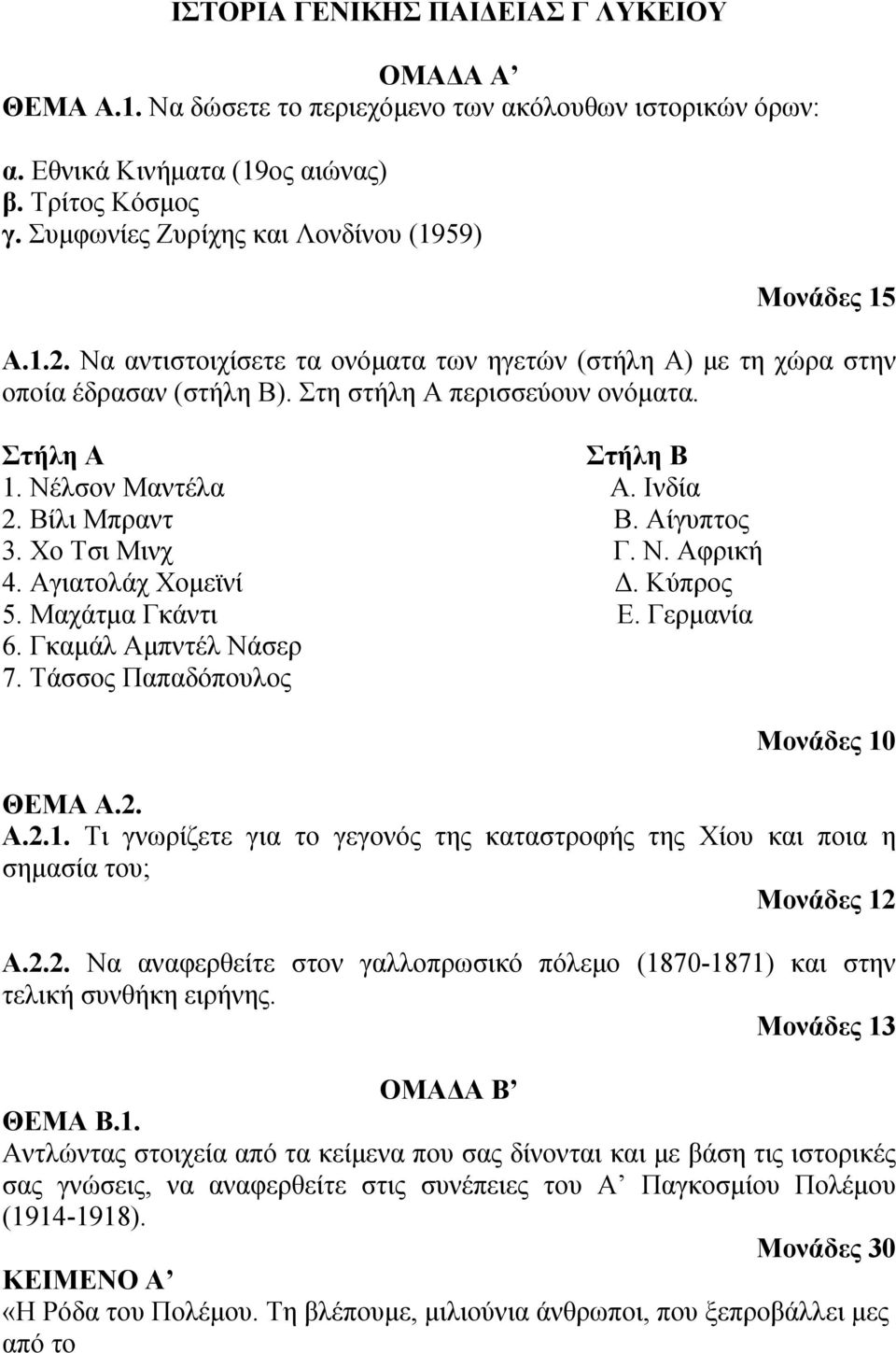 Νέλσον Μαντέλα Α. Ινδία 2. Βίλι Μπραντ Β. Αίγυπτος 3. Χο Τσι Μινχ Γ. Ν. Αφρική 4. Αγιατολάχ Χομεϊνί Δ. Κύπρος 5. Μαχάτμα Γκάντι Ε. Γερμανία 6. Γκαμάλ Αμπντέλ Νάσερ 7.