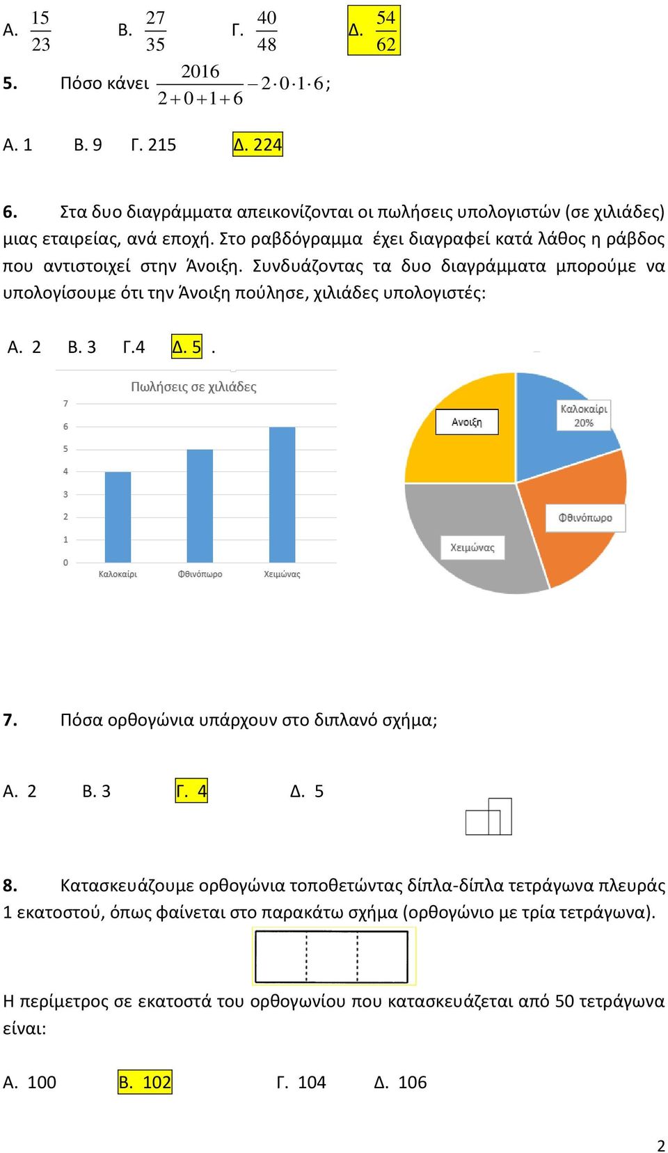 Συνδυάζοντας τα δυο διαγράμματα μπορούμε να υπολογίσουμε ότι την Άνοιξη πούλησε, χιλιάδες υπολογιστές: Α. 2 Β. 3 Γ.4 Δ. 5. 7. Πόσα ορθογώνια υπάρχουν στο διπλανό σχήμα; Α. 2 Β. 3 Γ. 4 Δ.