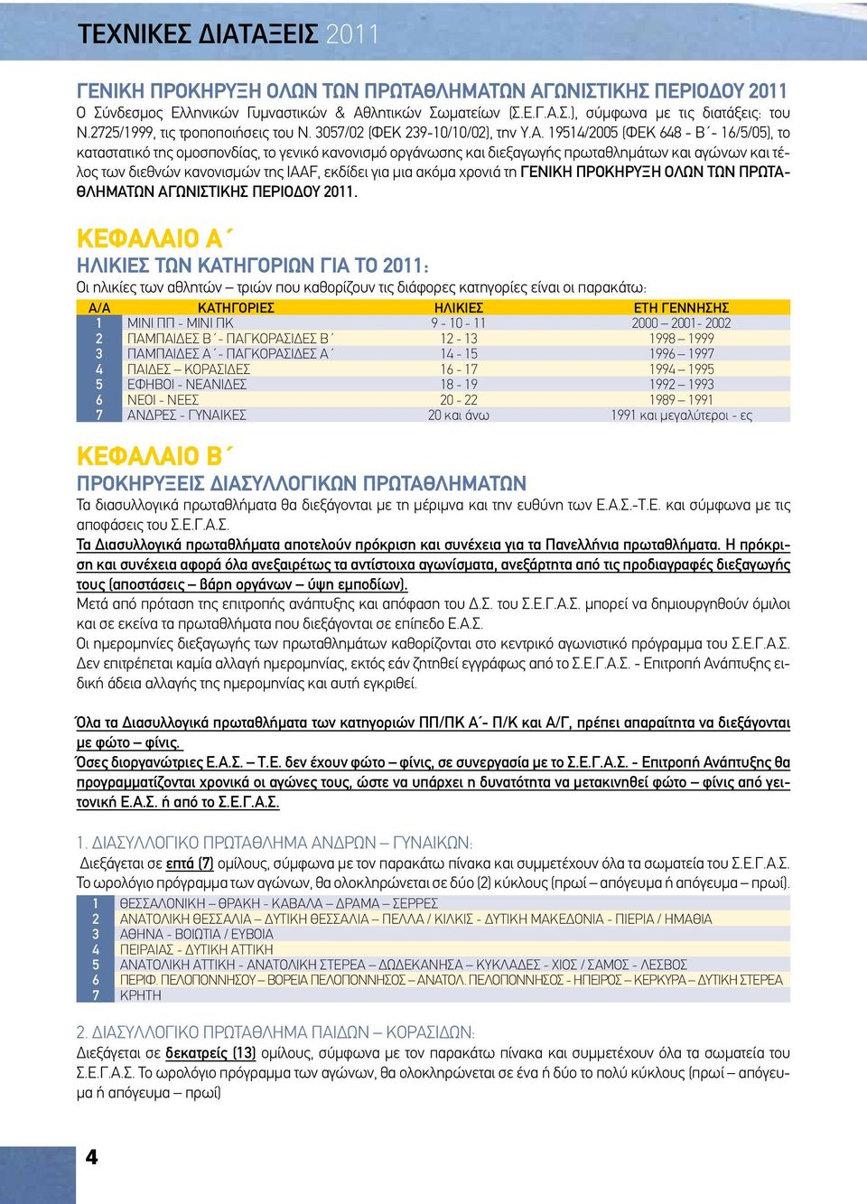 19514/2005 (ΦΕΚ 648 - Β - 16/5/05), το καταστατικό της ομοσπονδίας, το γενικό κανονισμό οργάνωσης και διεξαγωγής πρωταθλημάτων και αγώνων και τέλος των διεθνών κανονισμών της IAAF, εκδίδει για μια