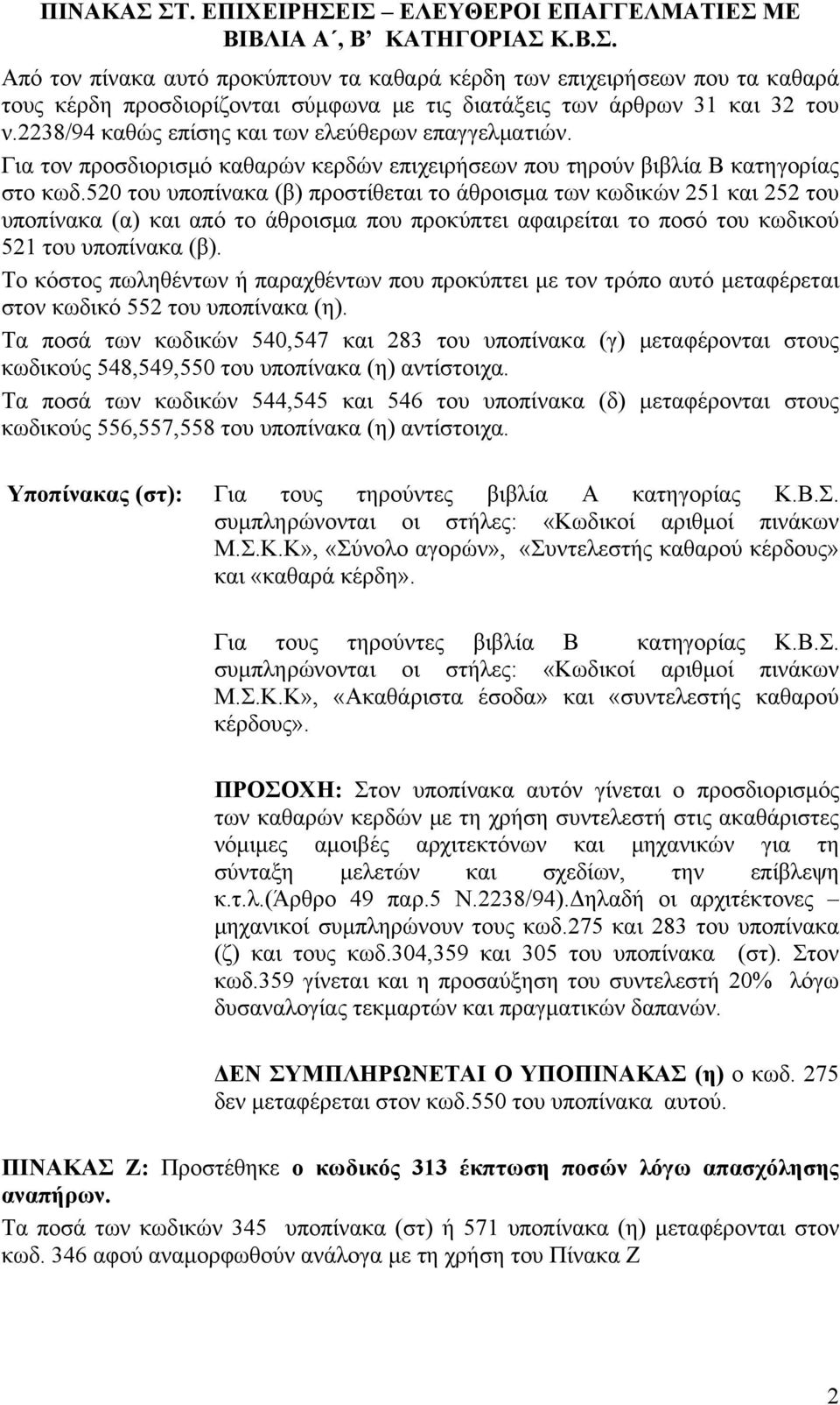 520 του υποπίνακα (β) προστίθεται το άθροισμα των κωδικών 251 και 252 του υποπίνακα (α) και από το άθροισμα που προκύπτει αφαιρείται το ποσό του κωδικού 521 του υποπίνακα (β).