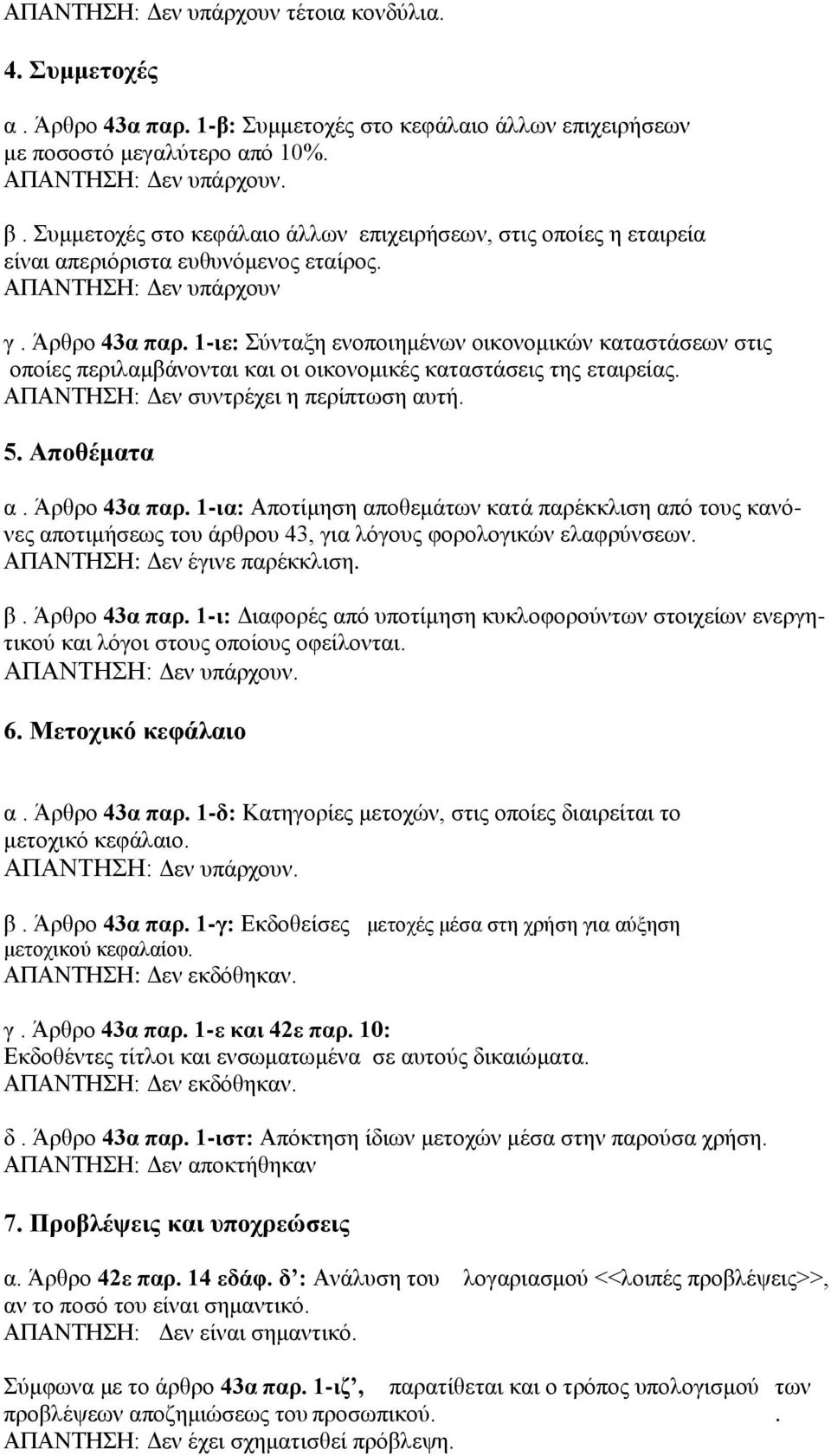 1-ιε: Σύνταξη ενοποιημένων οικονομικών καταστάσεων στις οποίες περιλαμβάνονται και οι οικονομικές καταστάσεις της εταιρείας. ΑΠΑΝΤΗΣΗ: Δεν συντρέχει η περίπτωση αυτή. 5. Αποθέματα α. Άρθρο 43α παρ.