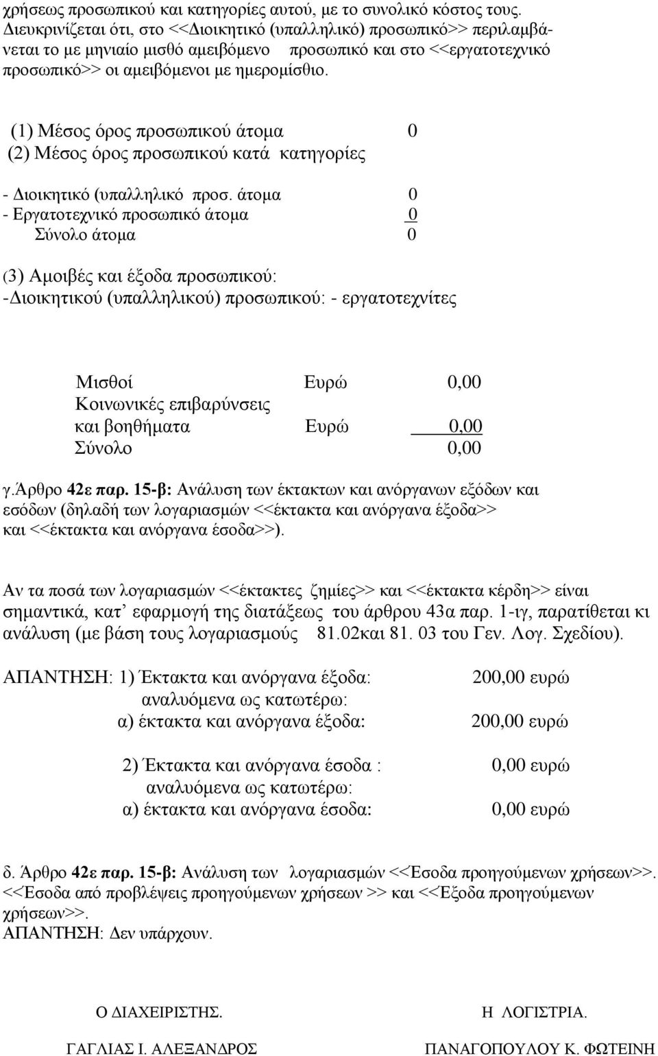 (1) Μέσος όρος προσωπικού άτομα 0 (2) Μέσος όρος προσωπικού κατά κατηγορίες - Διοικητικό (υπαλληλικό προσ.