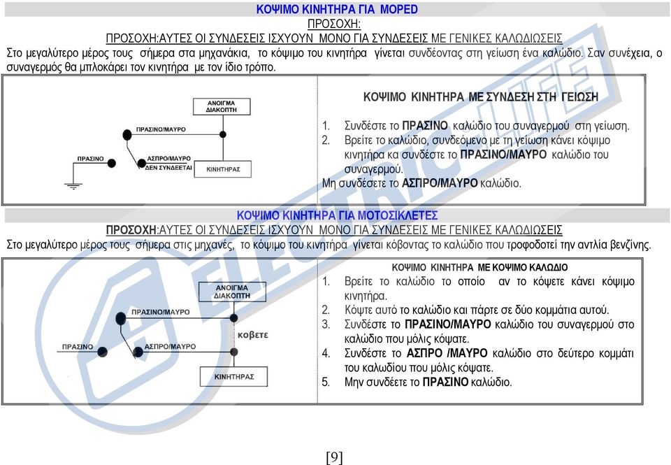 Συνδέστε το ΠΡΑΣΙΝΟ καλώδιο του συναγερµού στη γείωση. 2. Βρείτε το καλώδιο, συνδεόµενο µε τη γείωση κάνει κόψιµο κινητήρα κα συνδέστε το ΠΡΑΣΙΝΟ/ΜΑΥΡΟ καλώδιο του συναγερµού.