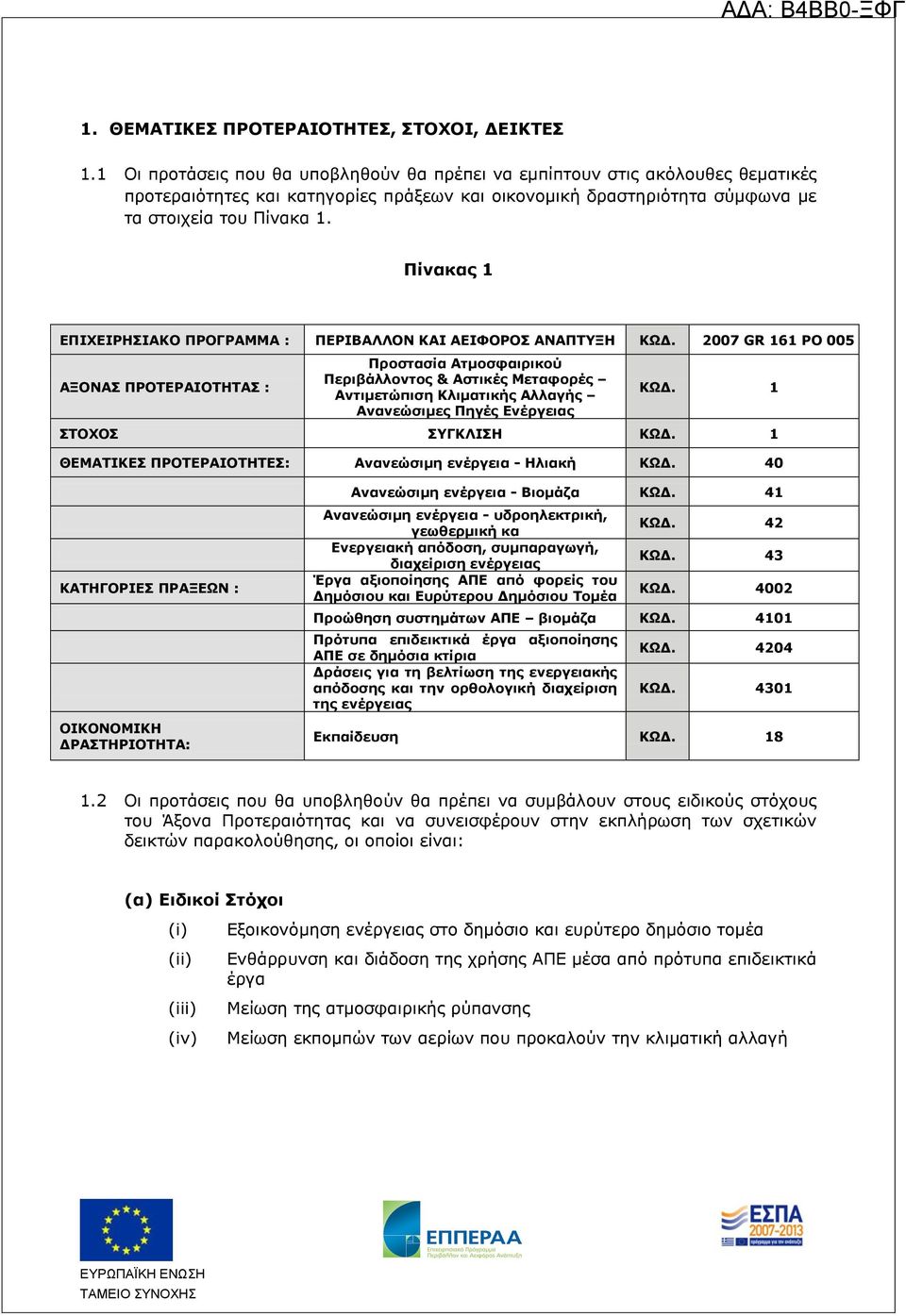 Πίνακας 1 ΕΠΙΧΕΙΡΗΣΙΑΚΟ ΠΡΟΓΡΑΜΜΑ : ΠΕΡΙΒΑΛΛΟΝ ΚΑΙ ΑΕΙΦΟΡΟΣ ΑΝΑΠΤΥΞΗ ΚΩΔ.