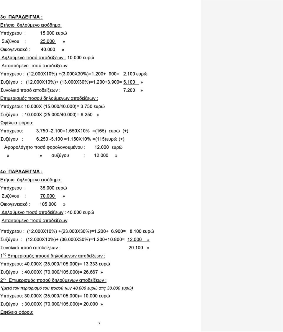 000/40.000)= 3.750 ευρώ Συζύγου : 10.000Χ (25.000/40.000)= 6.250» Ωφέλεια φόρου: Υπόχρεου: 3.750-2.100=1.650Χ10% =(165) ευρώ (+) Συζύγου : 6.250-5.100 =1.