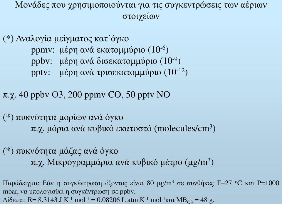 χ. Μικρογραμμάρια ανά κυβικό μέτρο (μg/m 3 ) Παράδειγμα: Εάν η συγκέντρωση όζοντος είναι 80 μg/m 3 σε συνθήκες Τ=27 o C και P=1000 mbar, να υπολογισθεί η