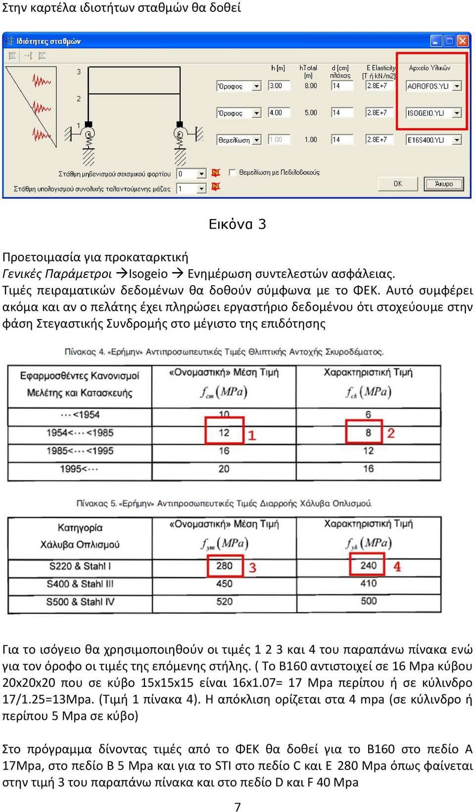 4 του παραπάνω πίνακα ενώ για τον όροφο οι τιμές της επόμενης στήλης. ( Το Β160 αντιστοιχεί σε 16 Μpa κύβου 20x20x20 που σε κύβο 15x15x15 είναι 16x1.07= 17 Μpa περίπου ή σε κύλινδρο 17/1.25=13Μpa.