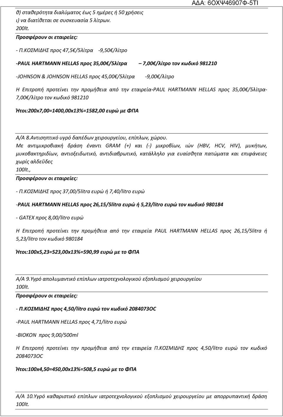 προμήθεια από την εταιρεία-paul HARTMANN HELLAS προς 35,00 /5λίτρα- 7,00 /λίτρο τον κωδικό 981210 Ήτοι:200x7,00=1400,00x13%=1582,00 ευρώ με ΦΠΑ Α/Α 8.