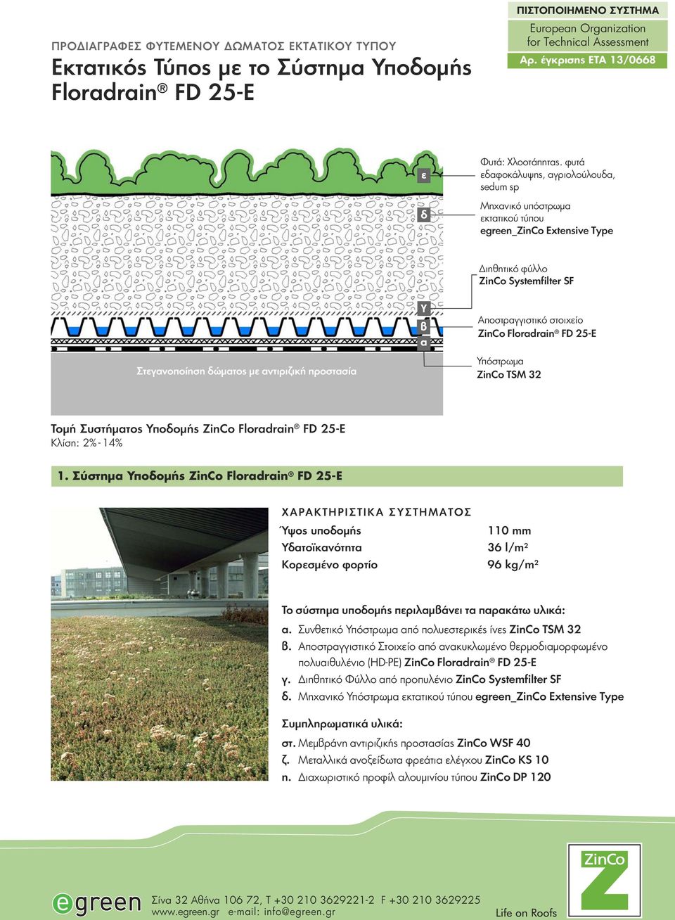 δώματος με αντιριζική προστασία Υπόστρωμα ZinCo TSM 32 Τομή Συστήματος Υποδομής ZinCo Κλίση: 2% - 14% 1.