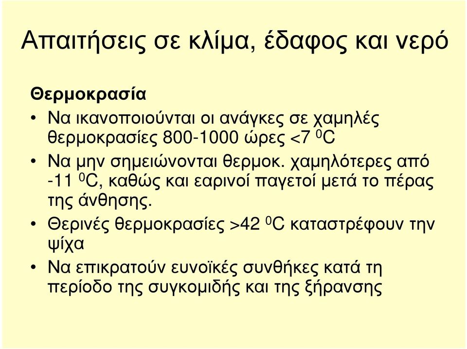 χαµηλότερες από -11 0 C, καθώςκαιεαρινοίπαγετοίµετάτοπέρας της άνθησης.