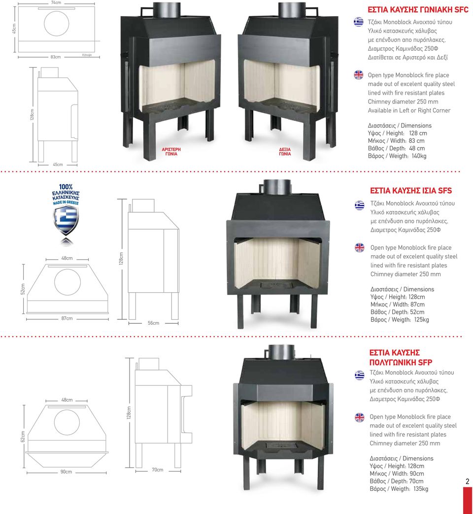 Dimensions Υψος / Height: 128 cm Μήκος / Width: 83 cm Βάθος / Depth: 48 cm Βάρος / Weigth: 140kg 45cm ΕΣΤΙΑ ΚΑΥΣΗΣ ΙΣΙΑ SFS MADE IN GREECE Τζάκι Monoblock Ανοιχτού τύπου Υλικό κατασκευής χάλυβας με