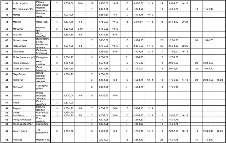 Ουασιγκτόνια 48 Παρκινσόνια 49 Παυλόβνια Bauhinia Citrus aurantium Washingtoni a Parkinsonia aculeata Paulownia tomentosa 3 1,50-1,75 8-10 7 1,75-2,00 10-12 3 1,25-1,50 6-8 7 1,50-1,75 8-10 7