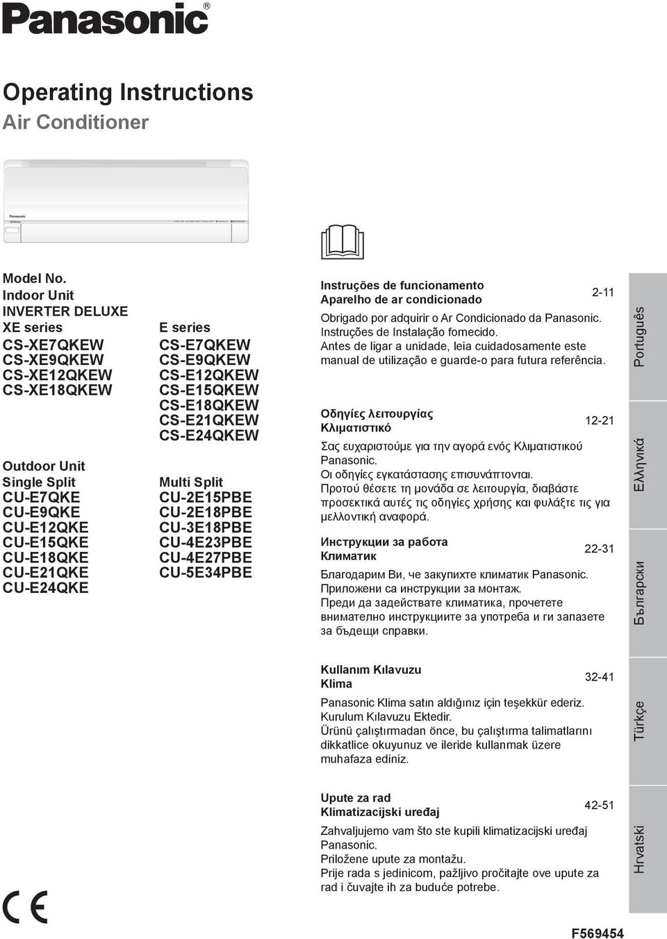 CS-EQKEW CS-E5QKEW CS-E8QKEW CS-EQKEW CS-E4QKEW Multi Split CU-E5PBE CU-E8PBE CU-3E8PBE CU-4E3PBE CU-4E7PBE CU-5E34PBE Instruções de funcionamento - Aparelho de ar condicionado Obrigado por adquirir