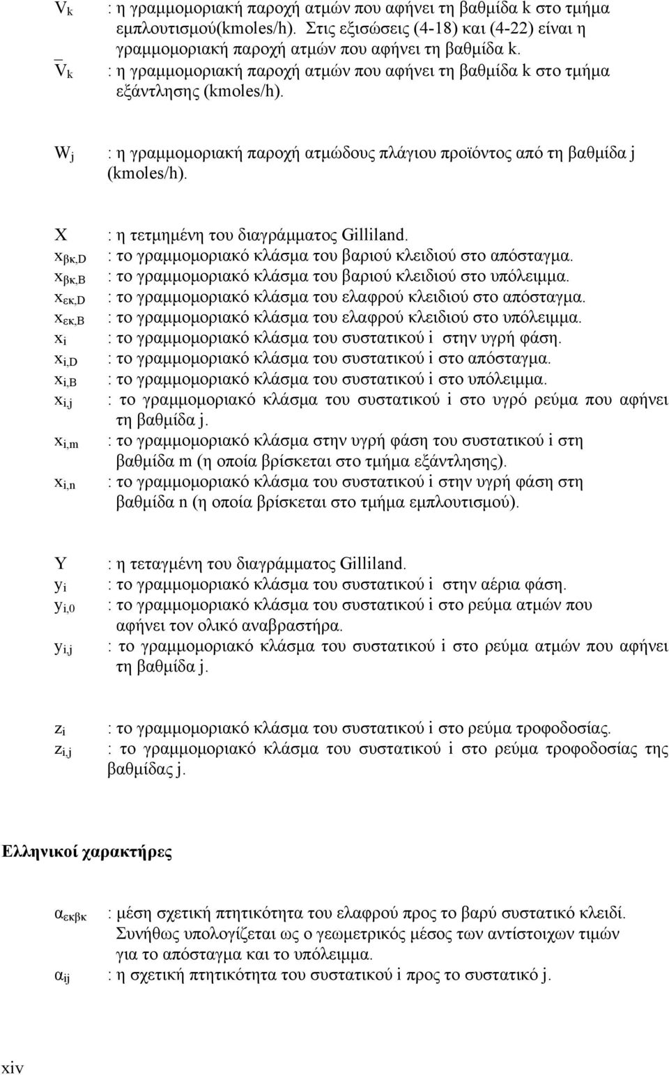 Χ x βκ,d x βκ,b x εκ,d x εκ,b x x,d x,b x,j x,m x,n : η τετμημένη του διαγράμματος Gllland. : το γραμμομοριακό κλάσμα του βαριού κλειδιού στο απόσταγμα.