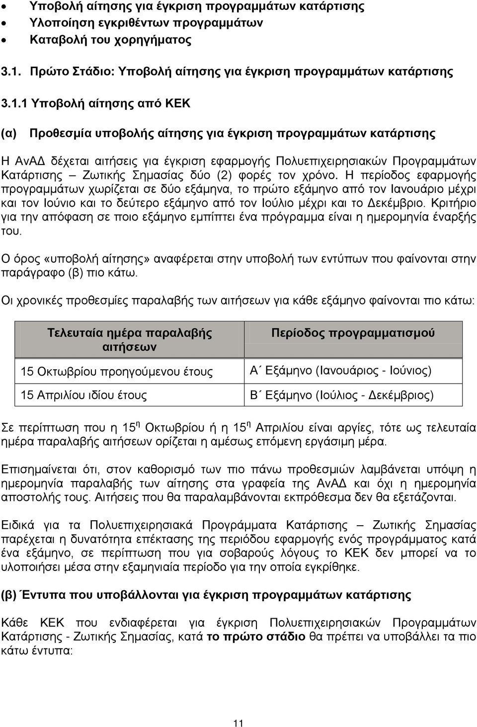 1 Υποβολή αίτησης από ΚΕΚ (α) Προθεσμία υποβολής αίτησης για έγκριση προγραμμάτων κατάρτισης Η ΑνΑΔ δέχεται αιτήσεις για έγκριση εφαρμογής Πολυεπιχειρησιακών Προγραμμάτων Κατάρτισης Ζωτικής Σημασίας